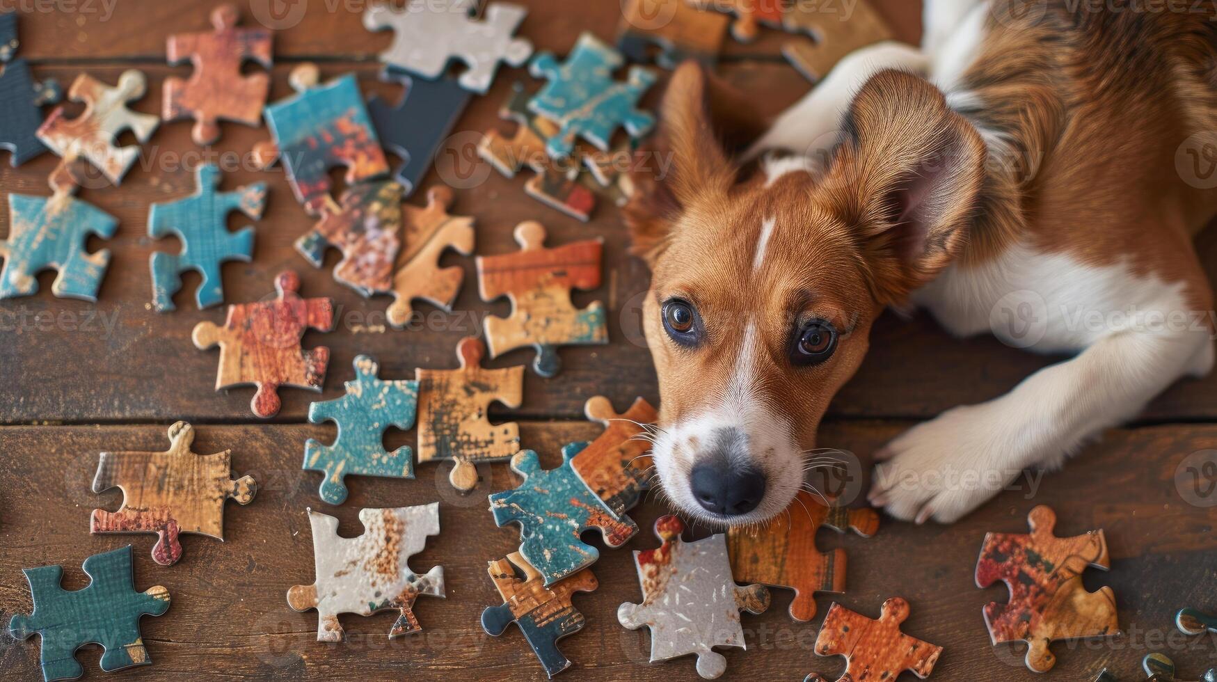 ai-generated-cute-dog-engrossed-in-a-jigsaw-puzzle-adding-a-whimsical-touch-ai-generated-photo